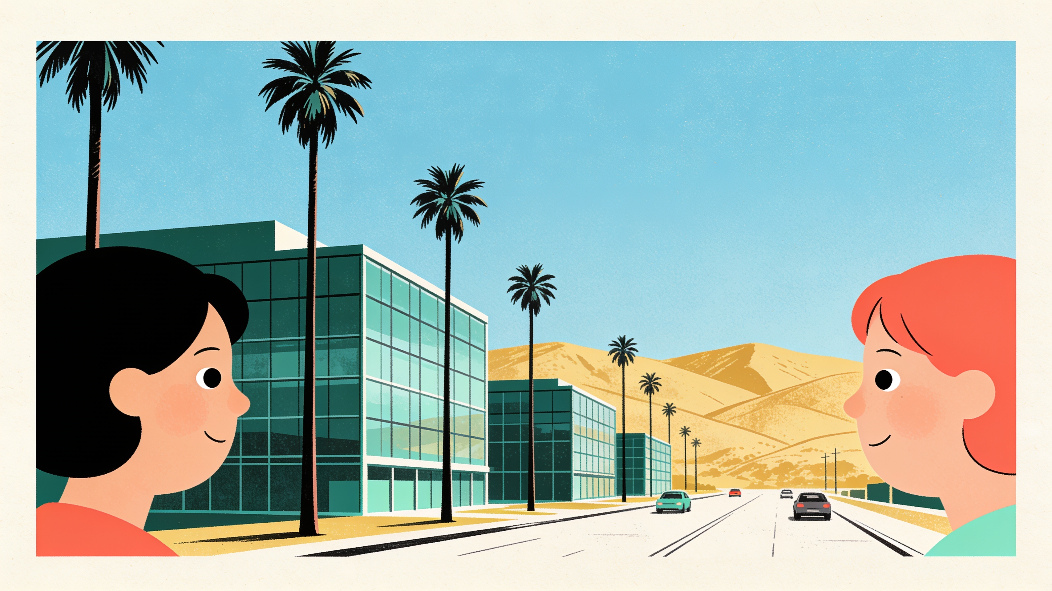 Stylized Irvine, California skyline with a research lab